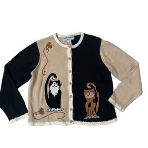 Star Blue Cat Sweater Womens Large Button Down Knit Cardigan Vintage